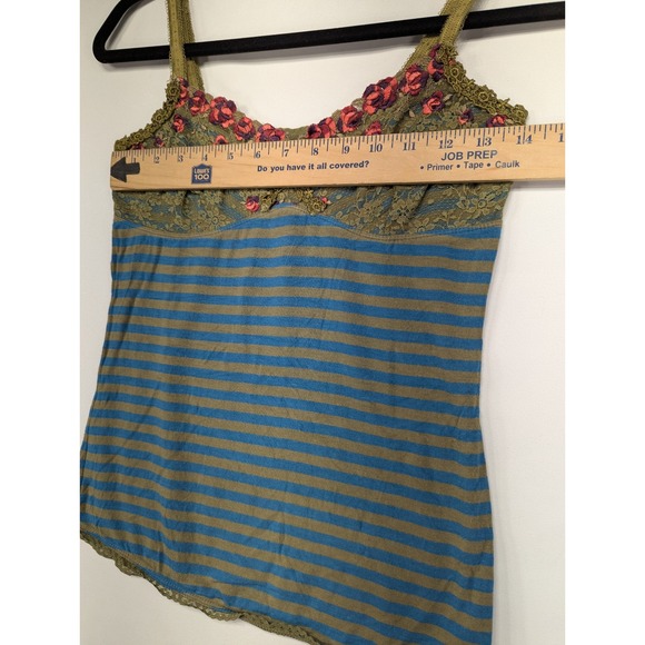 Free People Blue Brown Stripe Lace Floral Trim Cami Tank Top Size M - Picture 5 of 7